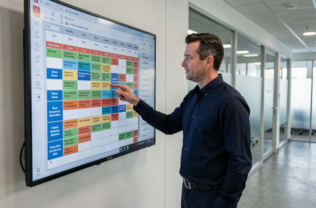 Administrateur universitaire gérant un planning hebdomadaire surchargé sur un écran tactile avec le logiciel HYPERPLANNING