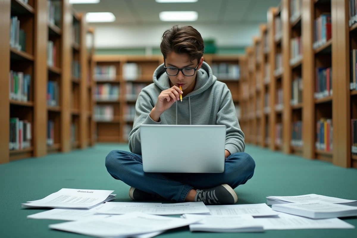Adolescent étudiant les conjugaisons de l'imparfait espagnol entouré de fiches dans une bibliothèque scolaire