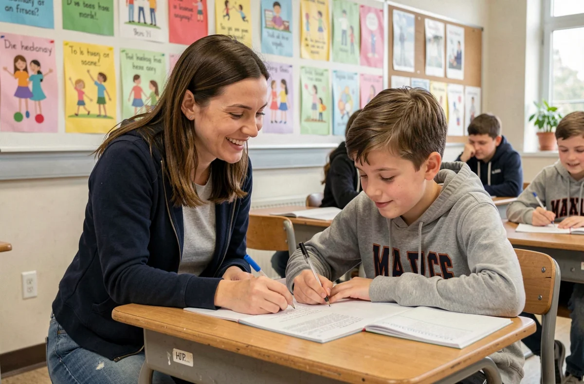 Bénévole de l'association Aide au Top accompagnant un jeune élève dans ses devoirs après l'école