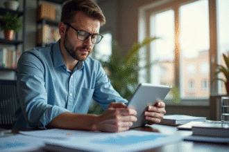 Analyste financier confiant avec tablette et graphiques