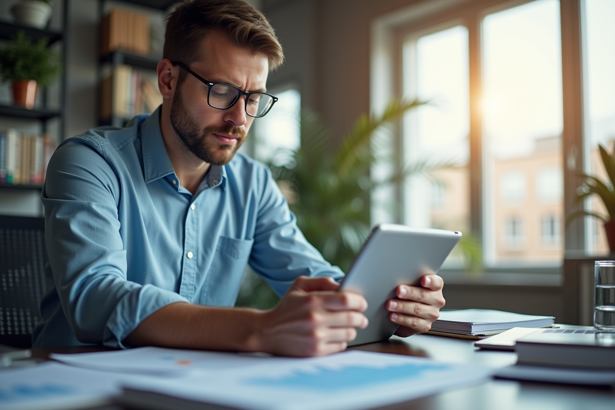 Analyste financier confiant avec tablette et graphiques