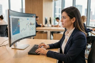 Analyste financière calculant le retour sur investissement d'une solution IA sur un écran de bureau en open space moderne