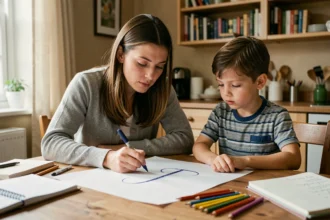 Femme apprenant à un enfant à écrire le T majuscule en cursive sur une feuille de papier à une table en bois