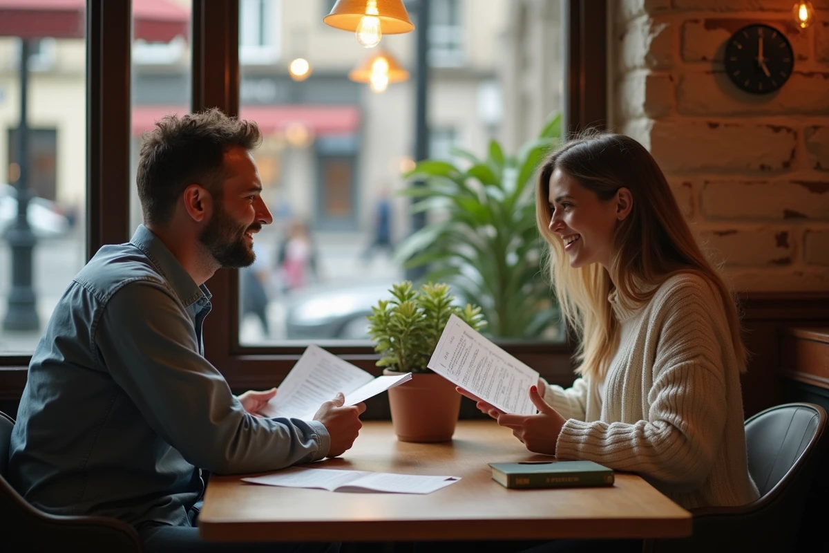 Deux adultes pratiquant la grammaire allemande ensemble dans un café avec des exercices de déclinaison et d'ordre des mots