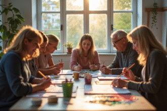 Thérapeute d'art guidant un groupe en atelier lumineux