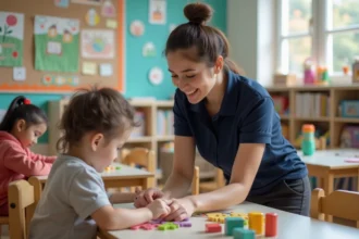 ATSEM en uniforme municipal aidant un enfant dans une salle de classe maternelle française