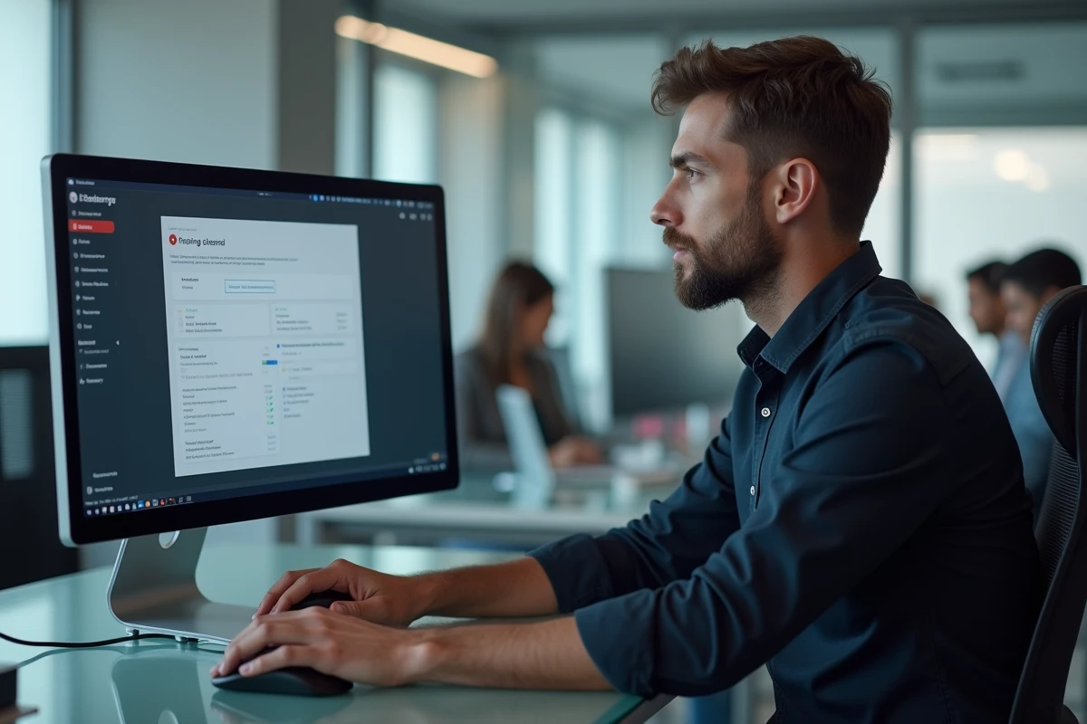 Homme en entreprise face à un message d'erreur sur une plateforme e-learning PSB sur double écran