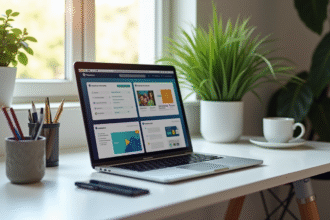 Espace de travail moderne avec ordinateur et plateformes d'apprentissage