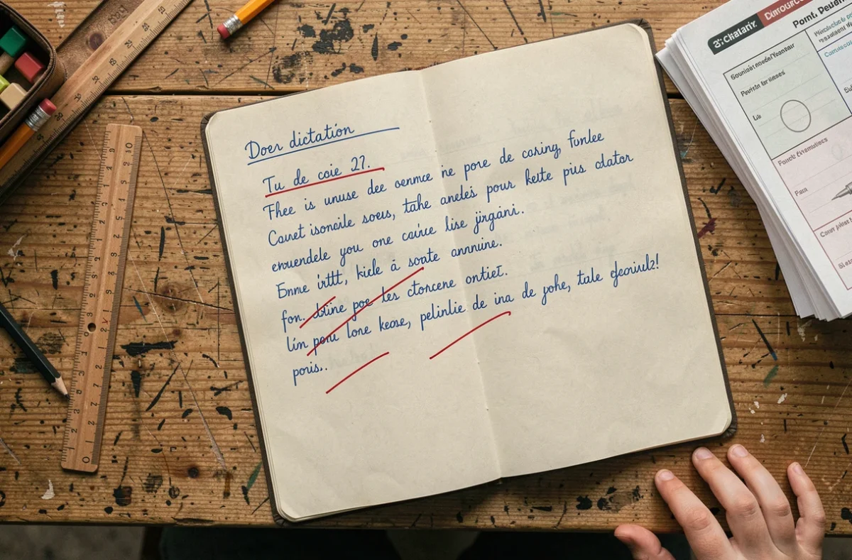 Cahier de dictée de CM2 ouvert avec corrections en rouge sur un bureau d'école en bois