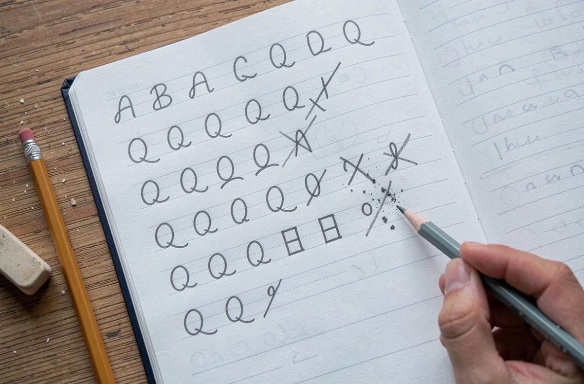 Cahier d'écriture scolaire ouvert montrant des essais de Q majuscule attaché en cursive avec ratures et corrections au crayon