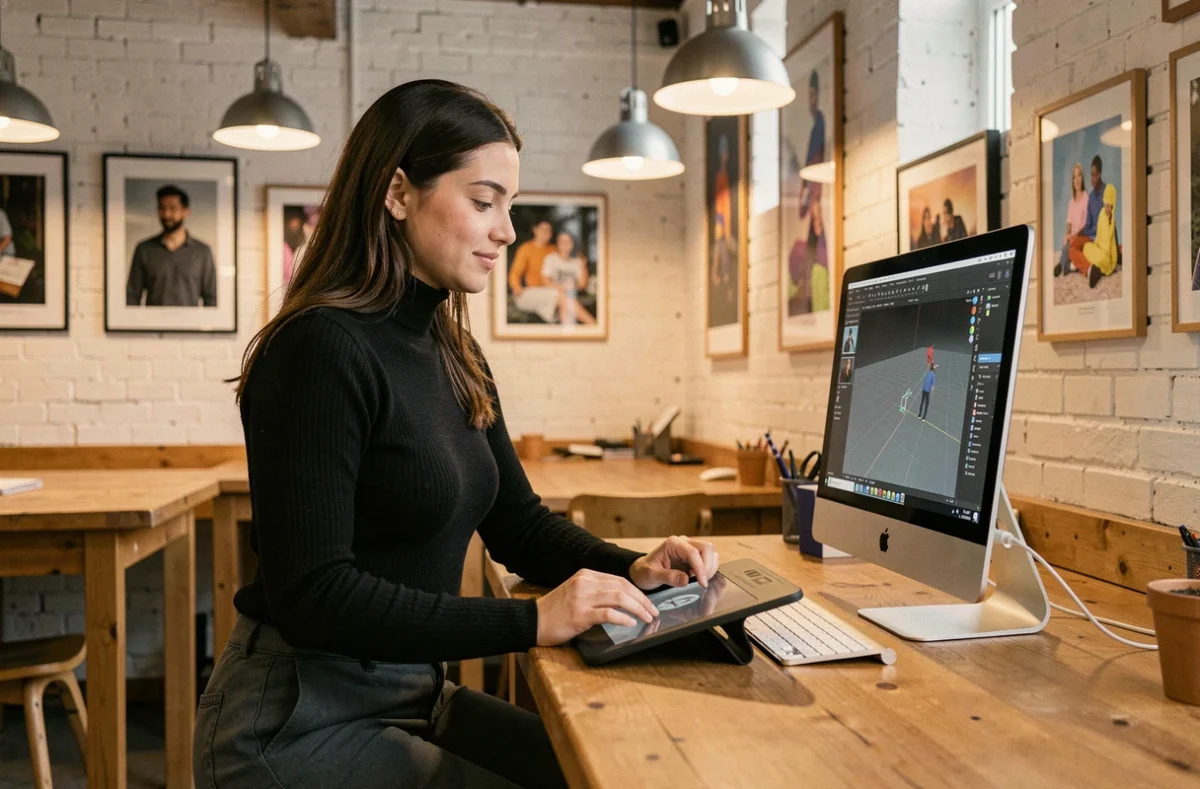 Étudiante en création numérique travaillant sur tablette graphique au Campus de la Fonderie de l'Image à Bagnolet