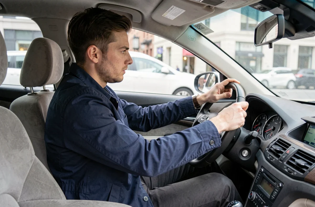 Candidat au permis de conduire vérifiant les rétroviseurs et le tableau de bord avant une situation réelle de contrôle