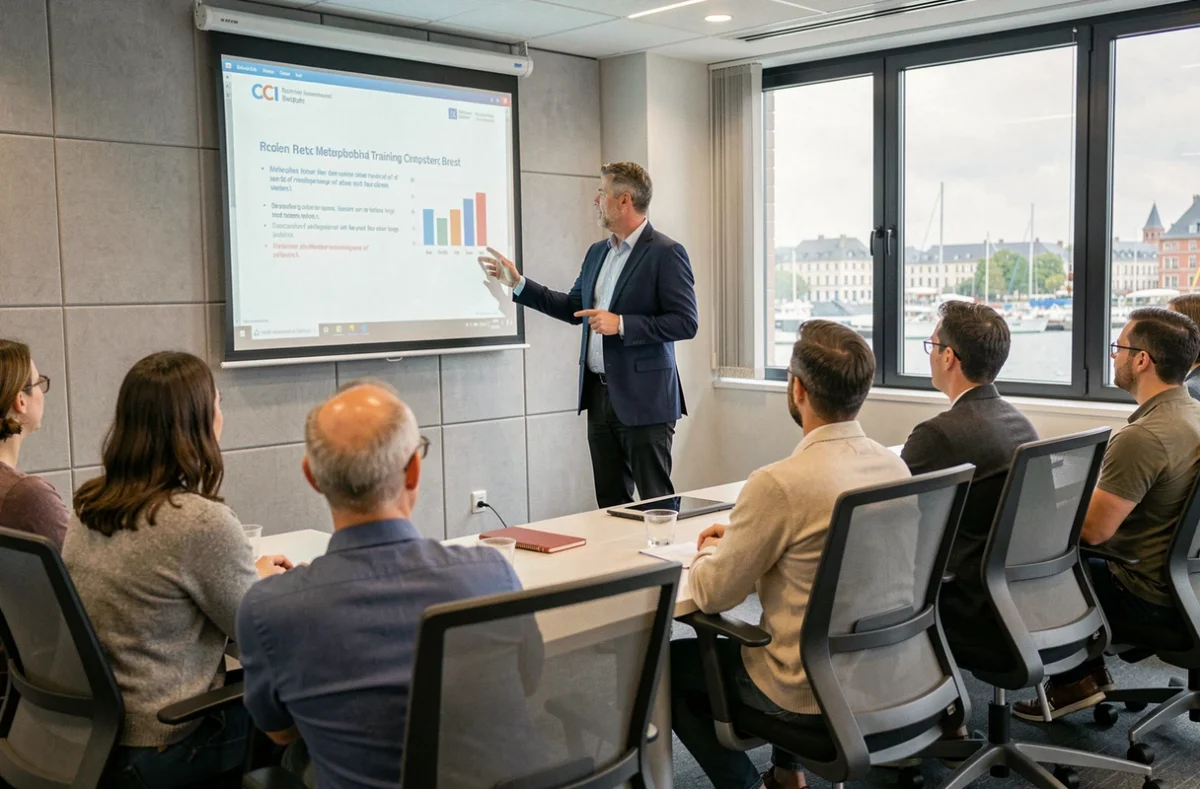 Formateur de la CCI Formation Brest animant une session en salle de cours équipée avec vue sur le port de Brest