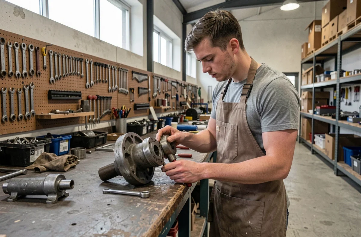 Apprenti en atelier de formation pratique au pôle métiers de la CCI Formation Morlaix, examinant une pièce mécanique à un établi