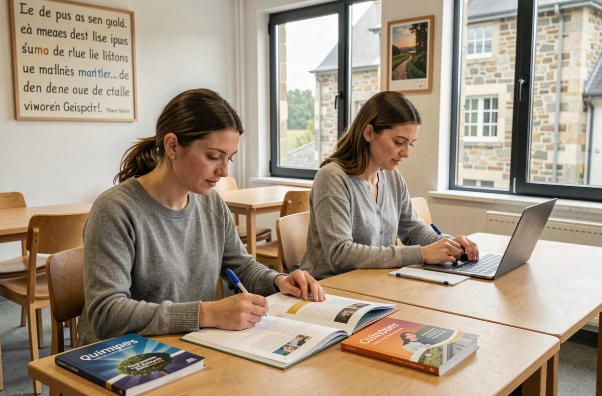 Deux femmes en formation professionnelle à la CCI Formation Quimper, travaillant sur des classeurs et ordinateurs portables dans une salle moderne