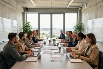 Groupe d'adultes en formation dans un centre moderne du Finistère, assis autour d'une table avec ordinateurs portables et documents de cours