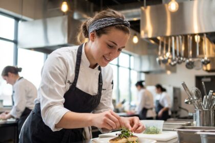 Jeune femme en cuisine arrangeant des herbes fraîches