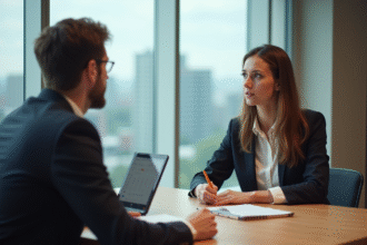 Femme coach en discussion avec un jeune homme au bureau