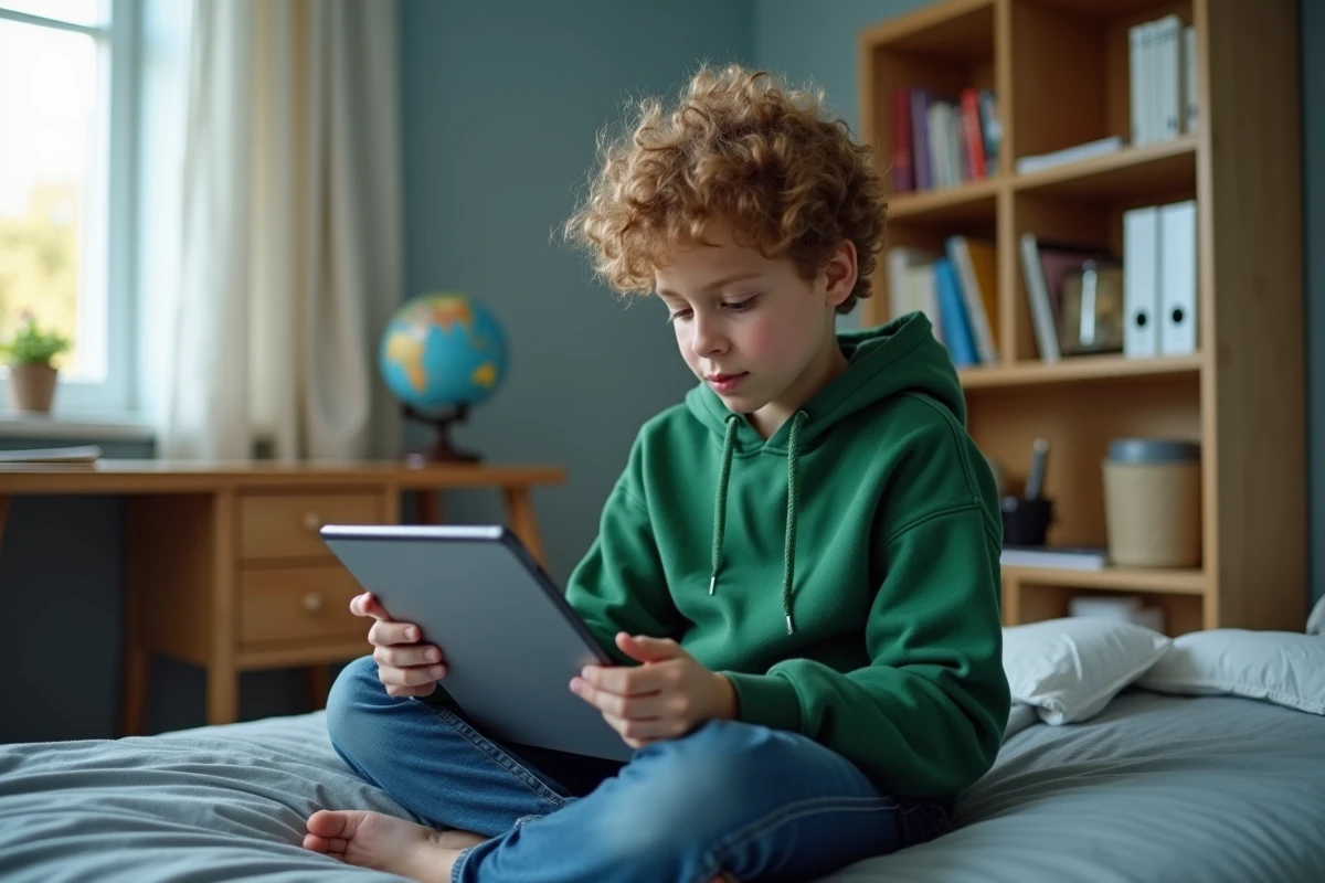 Un jeune collégien fait ses devoirs en ligne sur une tablette via l'ENT 45 dans sa chambre