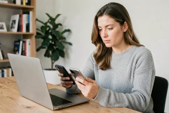 Femme comparant un ordinateur portable et un smartphone côte à côte dans un bureau à domicile moderne
