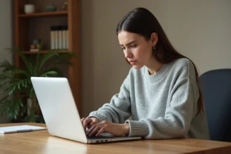 Femme jeune connectée à une plateforme d'apprentissage en ligne sur un ordinateur portable dans un bureau à domicile