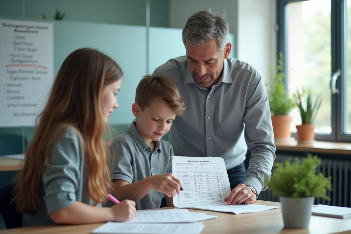 Conseiller d'orientation scolaire aidant des lycéens à classer leurs vœux Parcoursup et à comprendre l'ordre de classement des établissements