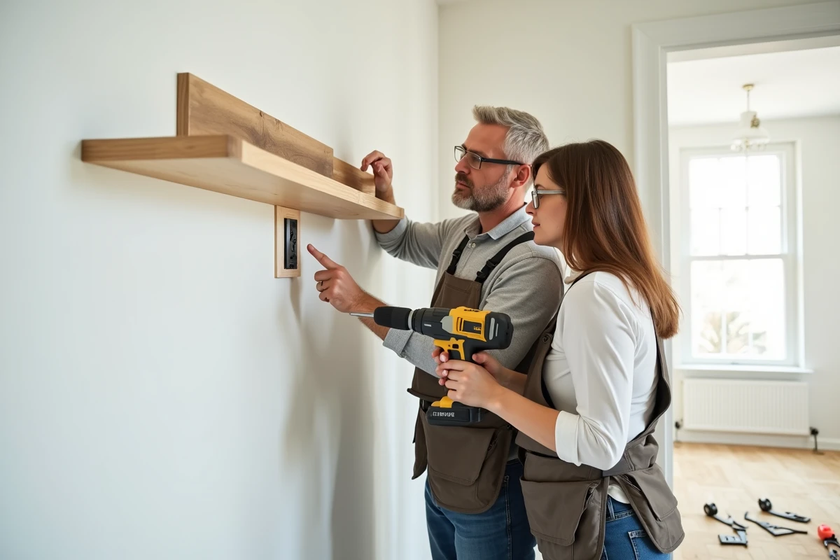 Homme aidant une femme à percer un mur pour fixer une étagère, couple apprenant le bricolage ensemble