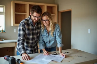 Couple en tenue de bricolage étudiant ensemble les instructions d'un plan de rénovation cuisine sans dispute