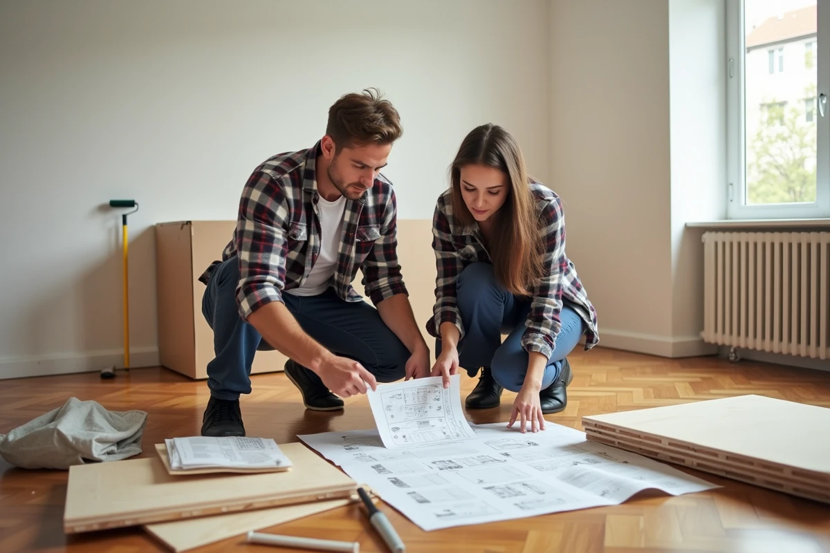 Couple de débutants assemblant des meubles en kit sur le parquet d'un appartement en cours de rénovation avec les instructions étalées
