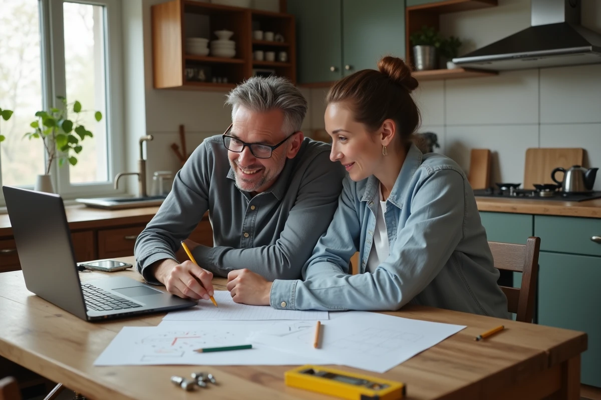 Couple de débutants planifiant un projet de bricolage ensemble avec un tutoriel en ligne sur ordinateur portable