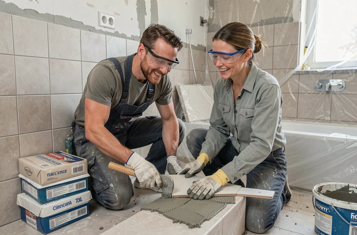 Deux adultes posant des carreaux de salle de bain lors d'une session de formation bricolage pratique avec outils et matériaux visibles