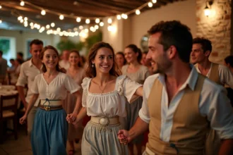 Groupe de personnes dansant le sirtaki en taverna grecque