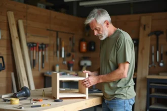 Homme débutant en bricolage examinant une étagère en bois dans un atelier maison avec des outils de base sur l'établi