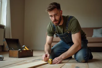 Homme débutant en bricolage mesurant une planche sur un parquet dans un appartement à petit budget