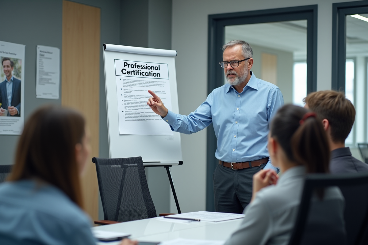 Homme en discussion avec équipe autour d un flipchart certifié