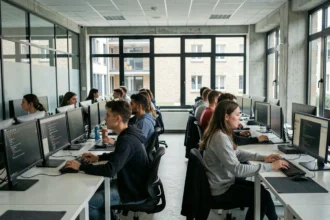 Étudiants en informatique travaillant dans une salle informatique moderne d'une université en Seine-Saint-Denis