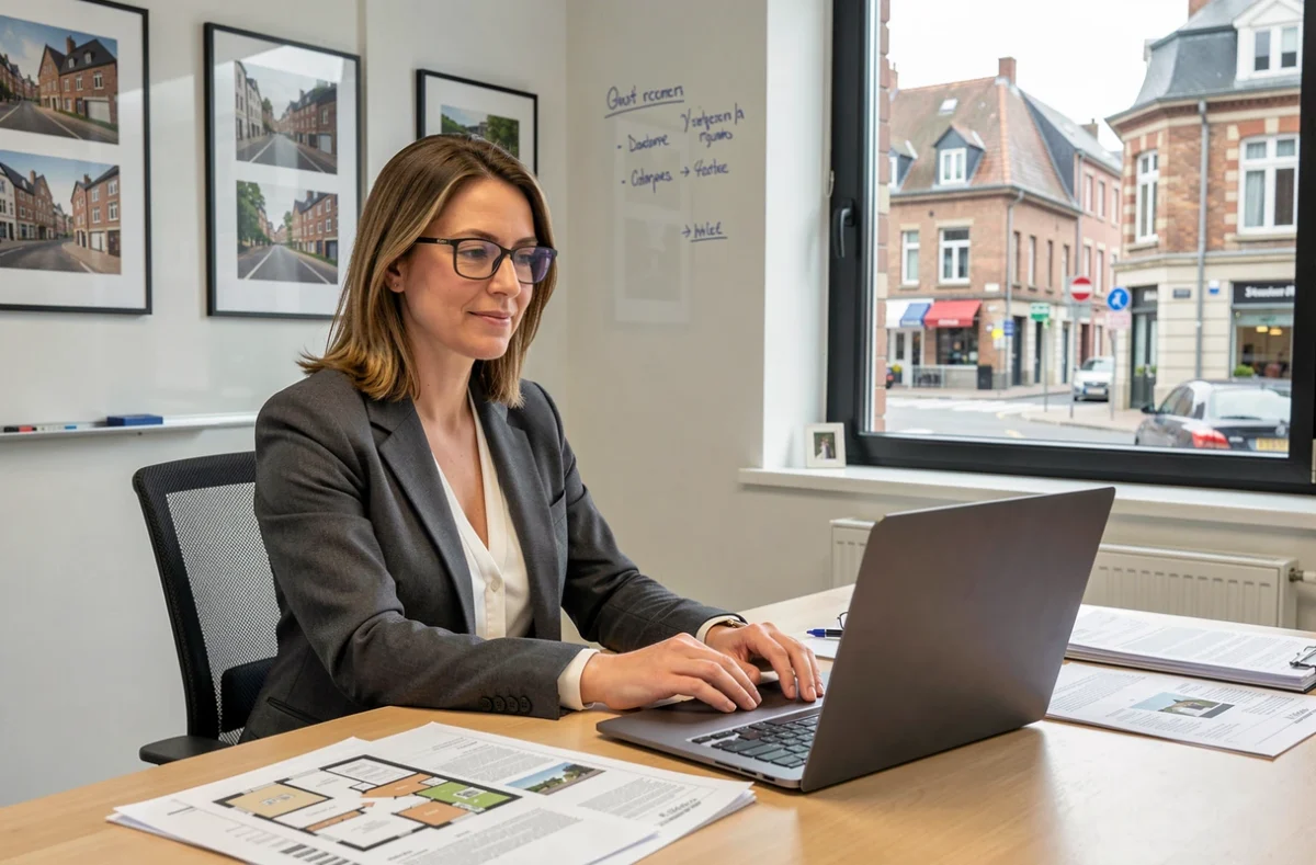Femme en formation immobilière à l'EF&L by Drouet Expertises à Brest, étudiant des documents de transaction et des plans sur ordinateur