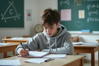 Jeune lyceen français concentré sur ses notes d'examen