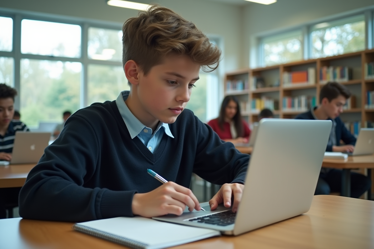 Elève étudiant dans une bibliothèque moderne et lumineuse