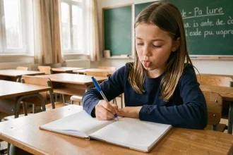 Élève de CM2 concentrée en train d'écrire une dictée dans un cahier ligné en classe