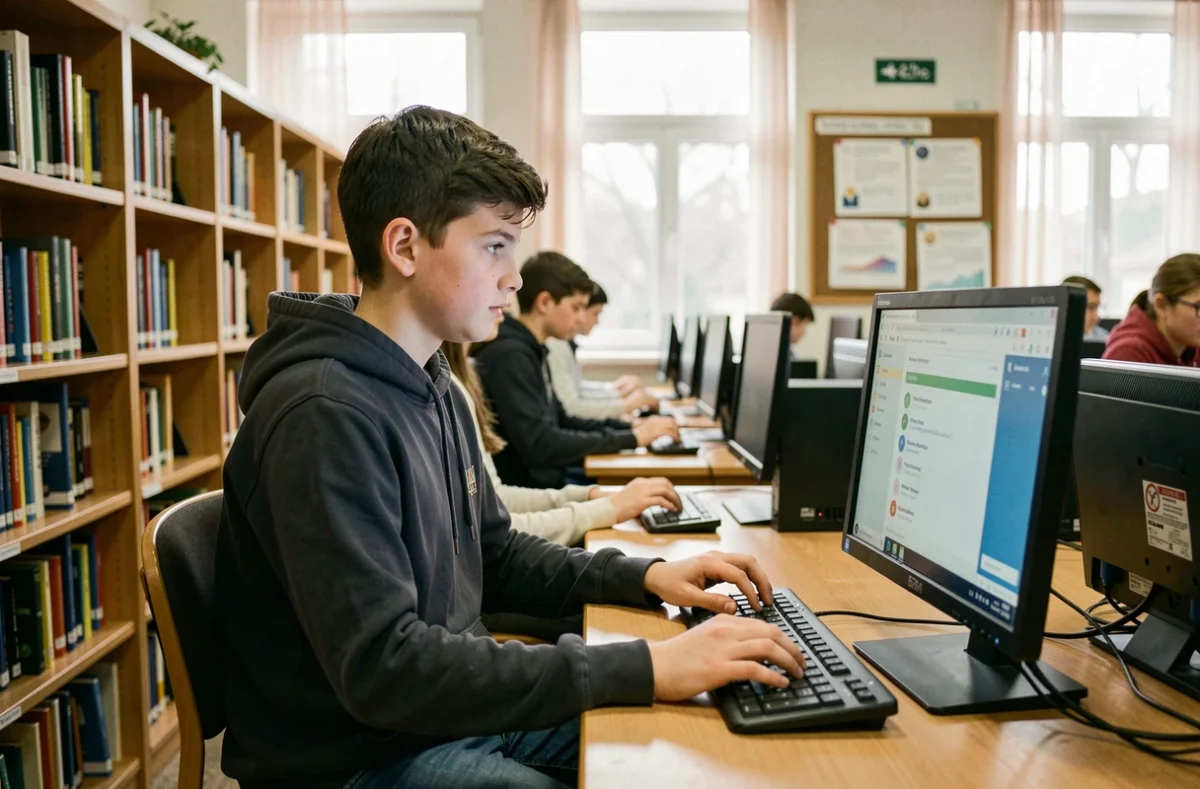 Élève lycéen se connectant à l'ENT Touraine sur un ordinateur de la bibliothèque scolaire en respectant les bonnes pratiques de sécurité