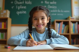 Jeune élève écrivant des verbes du 1er groupe dans un cahier de dictée en classe