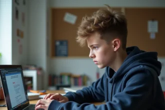 Élève collégien frustré face à une erreur de connexion sur son ordinateur portable, assis à son bureau dans sa chambre