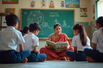 Groupe d'élèves indiens en classe avec professeur