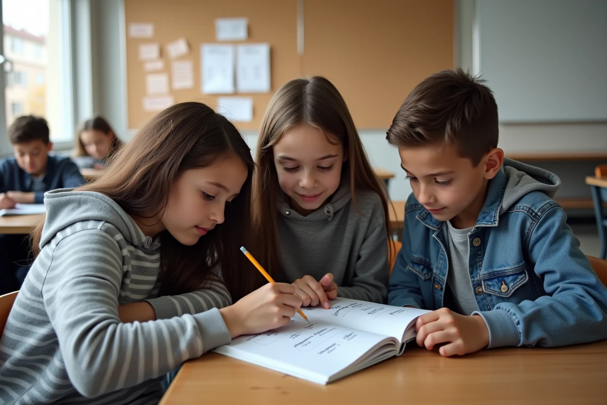 Élèves du collège travaillant ensemble sur des exercices de conjugaison des verbes du 2ème groupe en classe de français