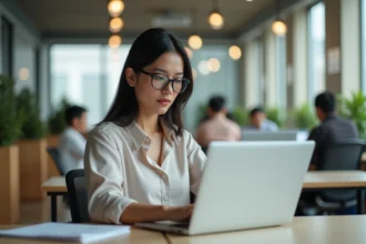 Employée universitaire connectée au portail Web ac Grenoble sur son ordinateur portable dans un bureau administratif