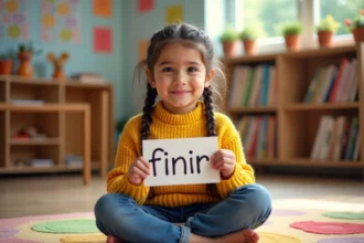 Jeune fille apprenant les verbes en IR avec des fiches colorées en classe de primaire