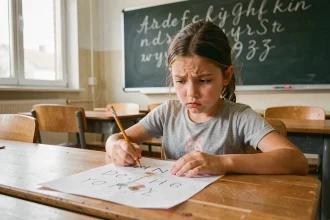Jeune fille concentrée à son bureau d'école essayant d'écrire des lettres en cursive sur une feuille de papier