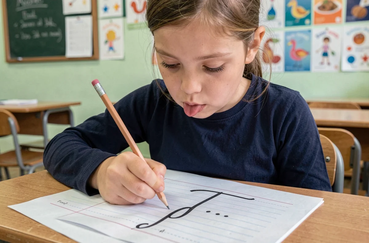 Fillette concentrée qui s'entraîne à tracer le T majuscule cursive sur une feuille d'écriture en classe