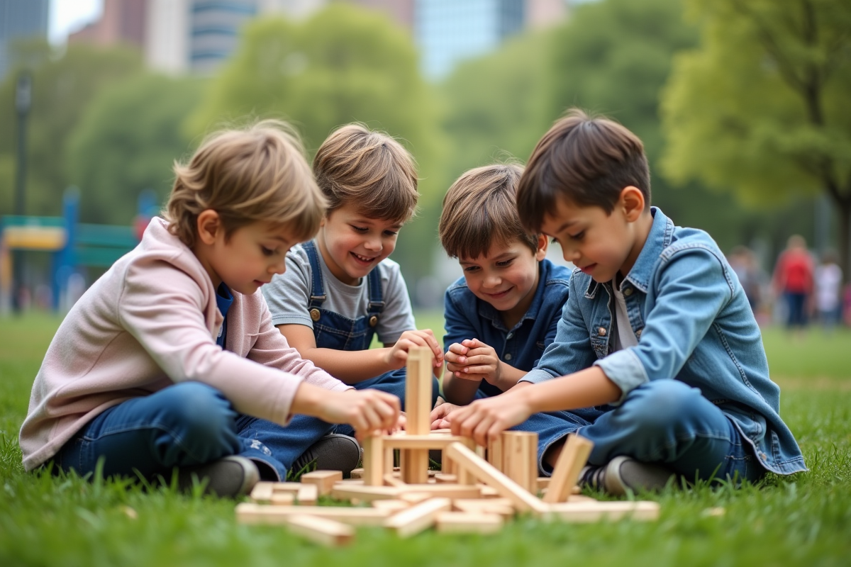 Enfants construisant un modèle en bois dans un parc urbain